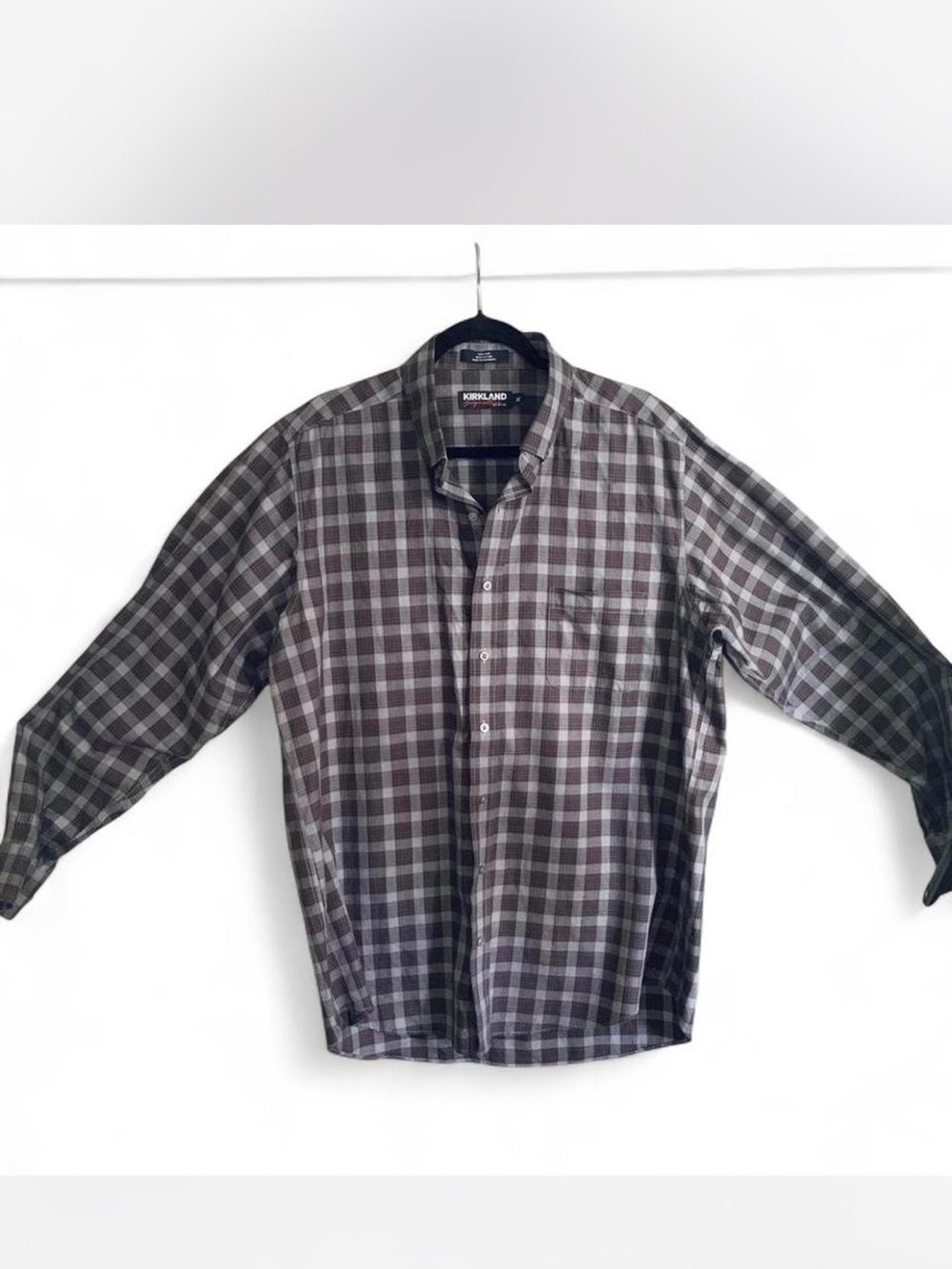 Men’s preppy Kirkland Signature Gray Plaid Button-Up Shirt size XL